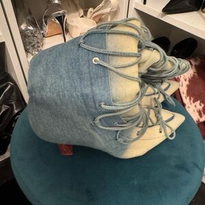 Fashion Nova Two-Tone Denim Lace-Up Pointed Ankle Boots